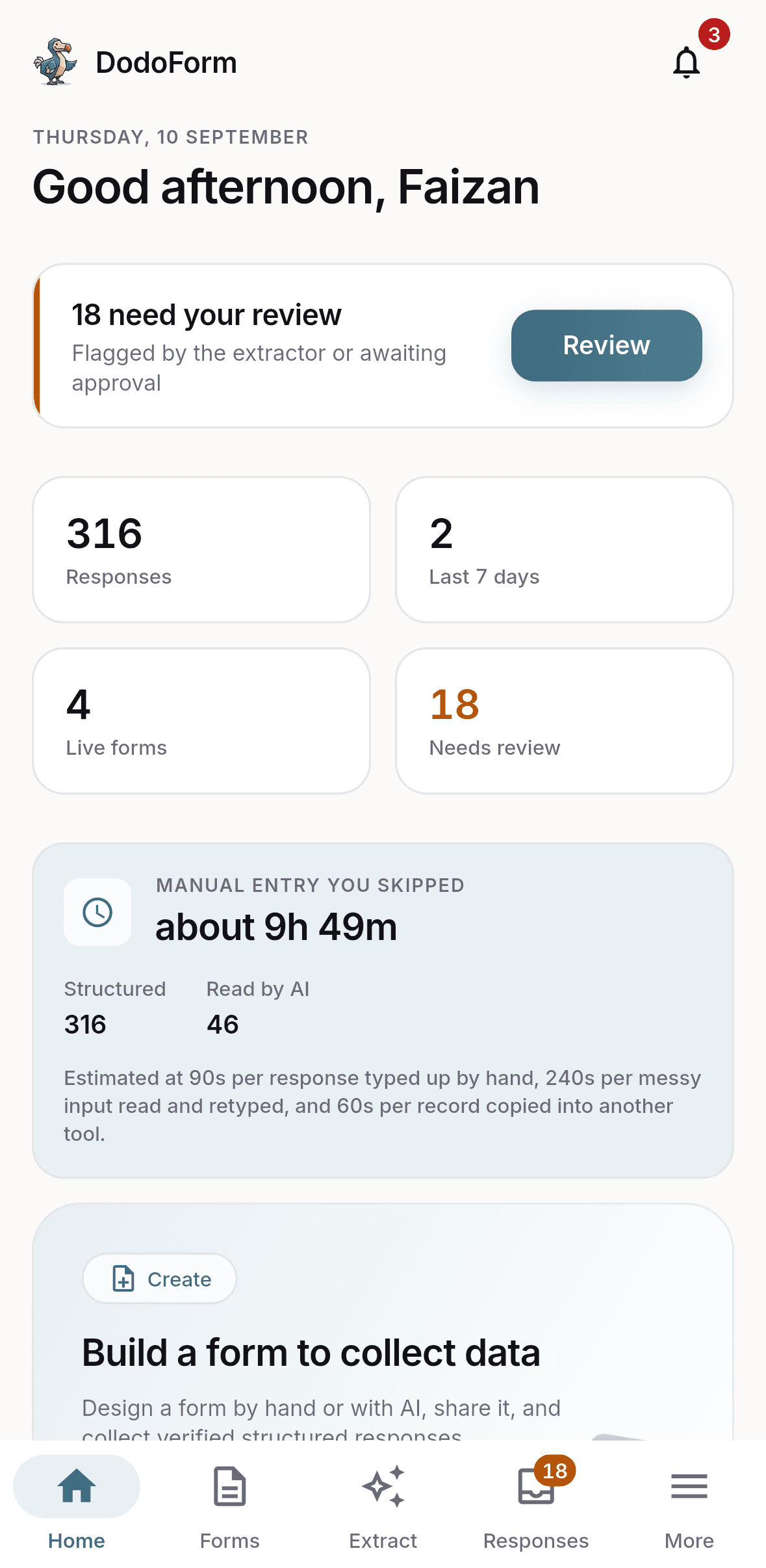 DodoForm Android home screen showing responses, live forms and the review queue
