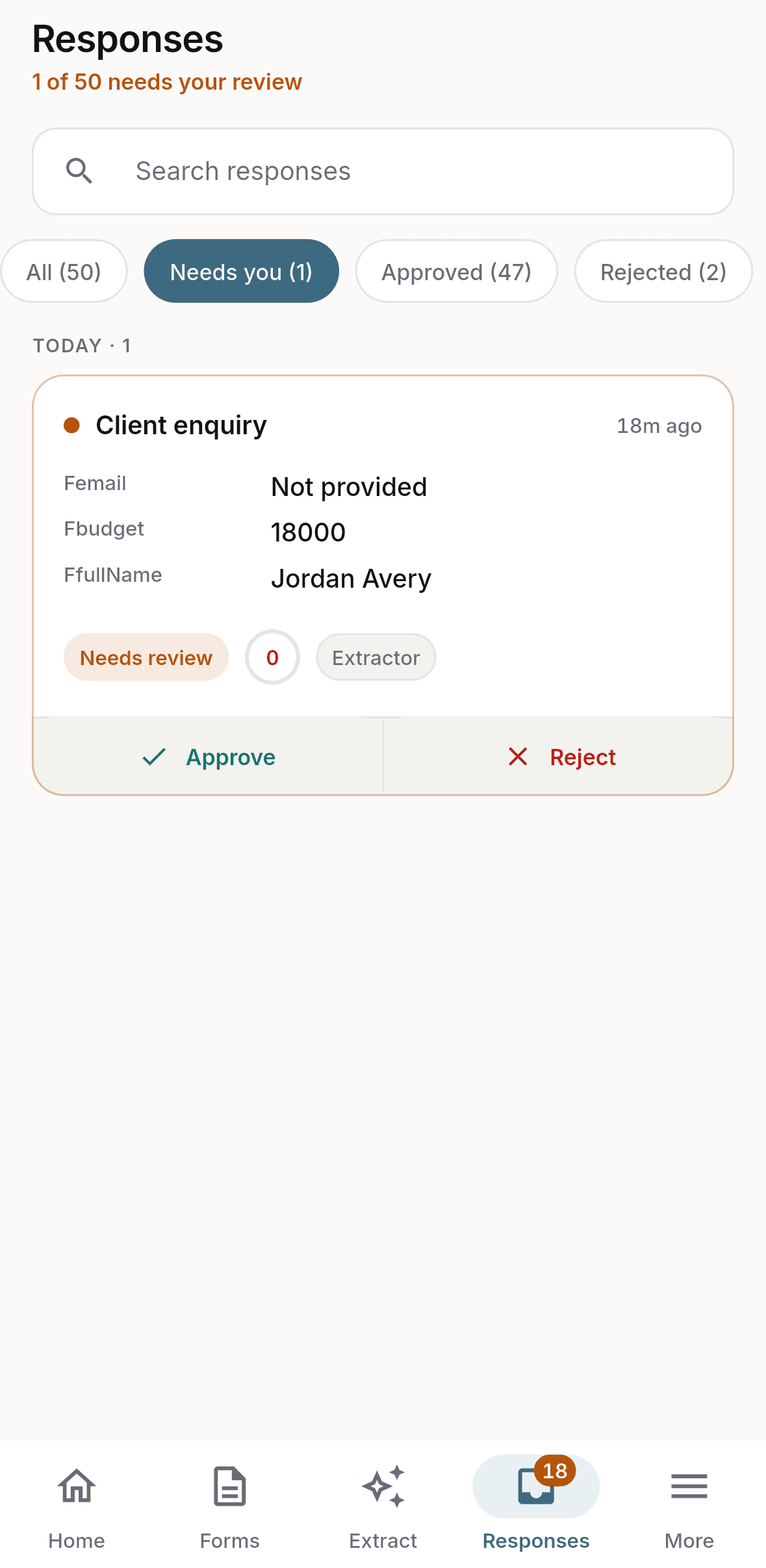 DodoForm Android responses list with confidence-scored records